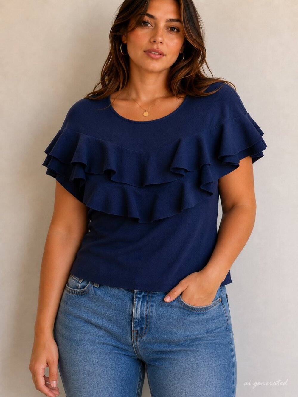 Sachin + Babi Navy Purple Ruffle Knit Top Women's XL Short Sleeve Stretch Blouse